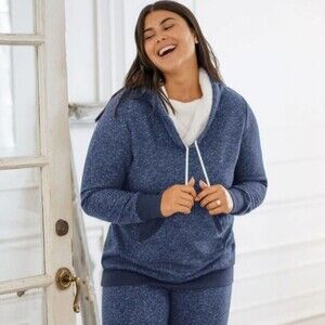 Pajamagram Shearling Roll Neck Heathered Blue Kangaroo Pocket Lounge Sweatshirt